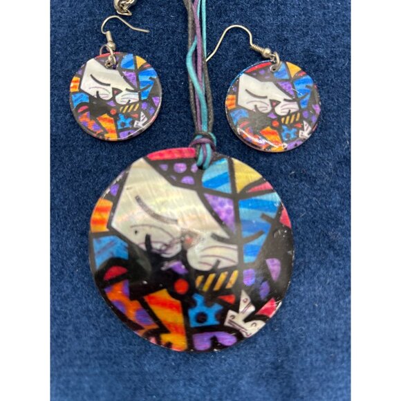 Vintage Hand-Painted Shell Necklace & Earrings happy cat Romero Britton - Picture 1 of 8